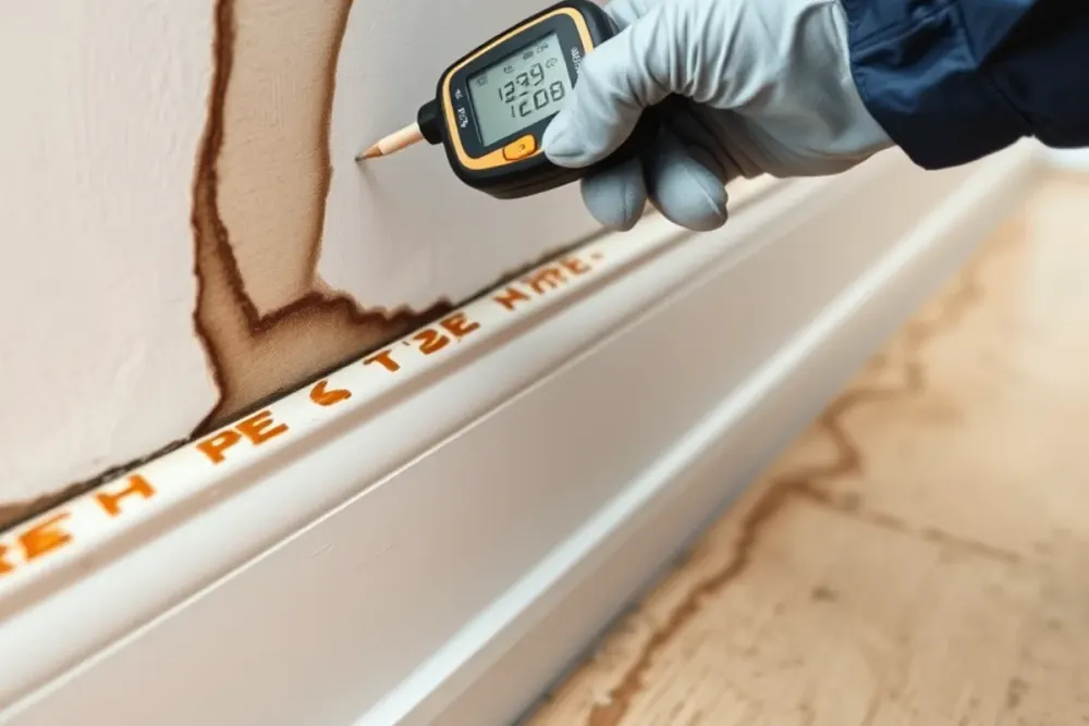 Moisture meter reading a wet baseboard during water extraction in a Downey, CA home