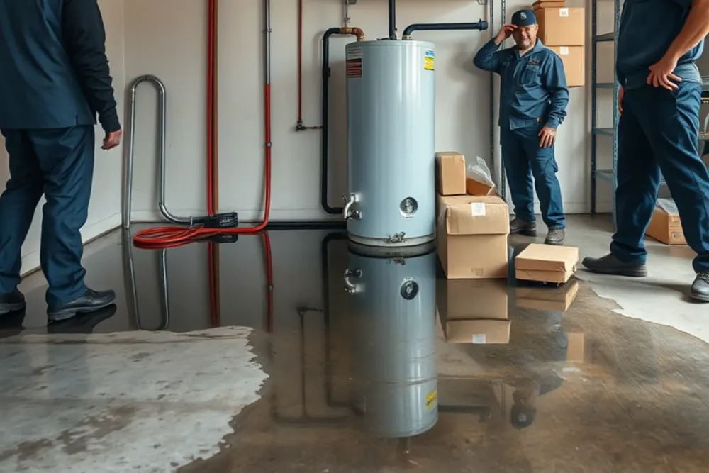 Failed water heater leaking across a garage slab in a Downey, CA home
