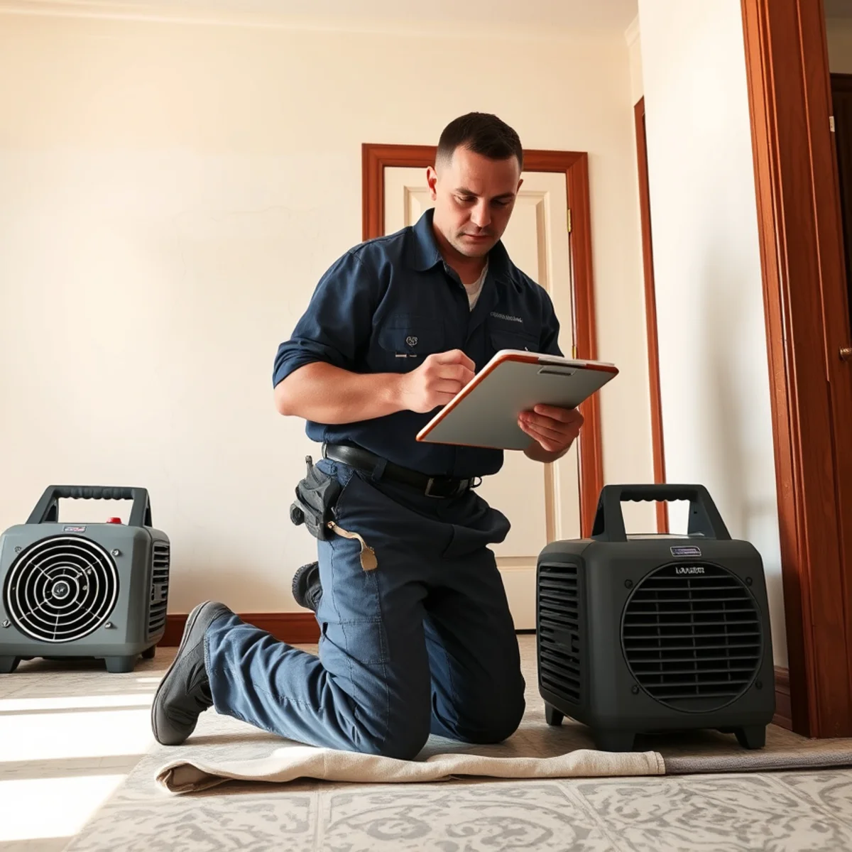 Restoration technician taking moisture readings in a Downey, CA home