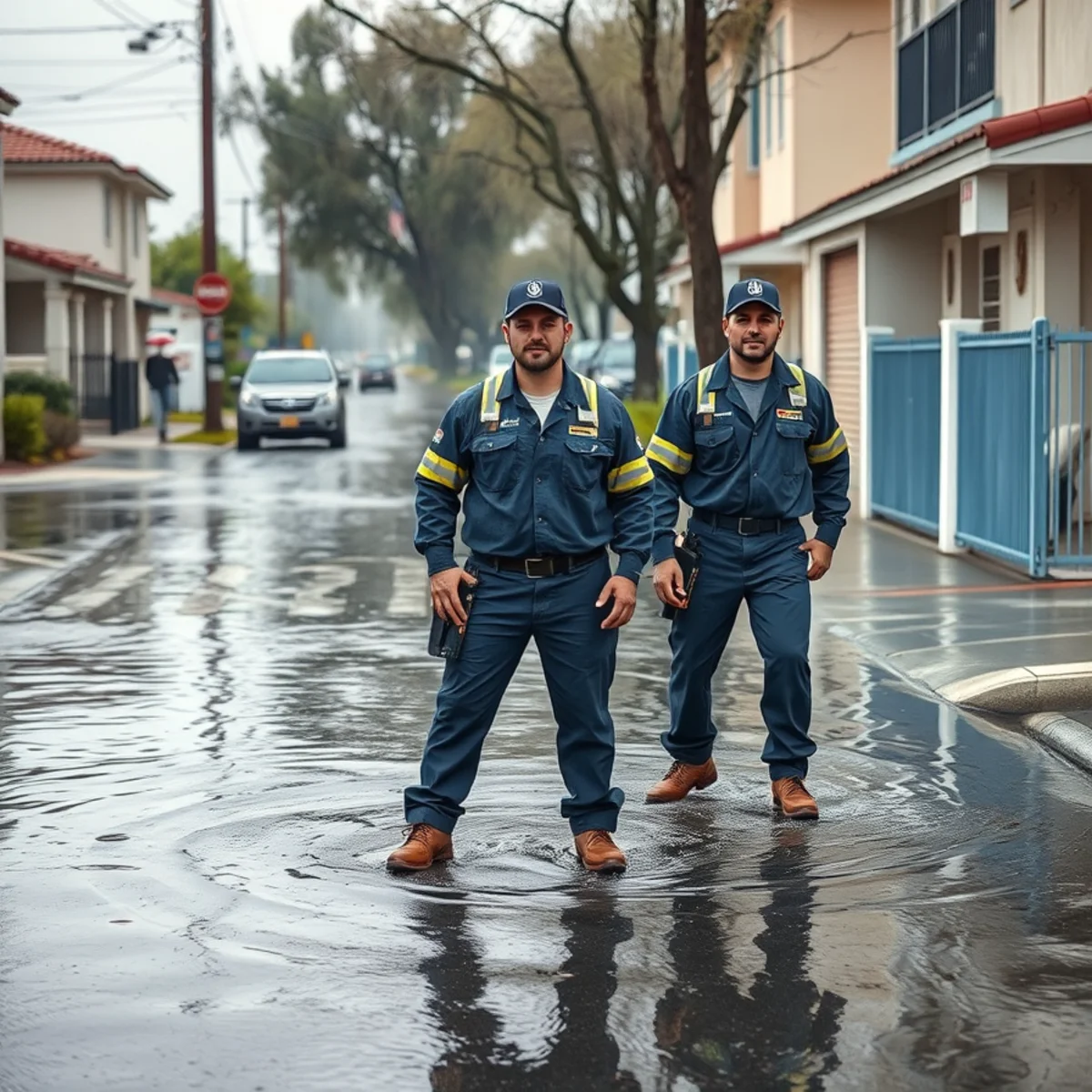 Storm water pooling on a residential street in Downey, CA during heavy winter rain