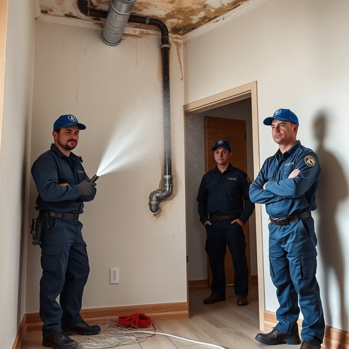 Water spraying from a burst supply pipe inside a wall in a Downey, CA home