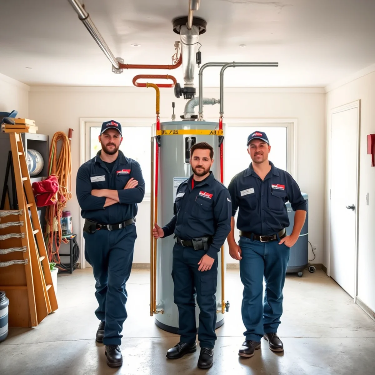 Seismic straps securing a water heater in a garage in Downey, CA per California code