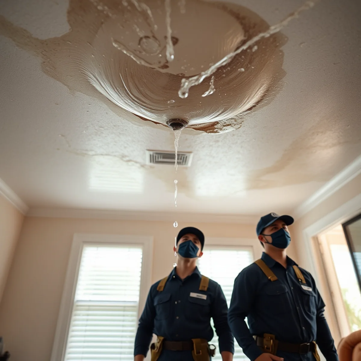 Water dripping through a stained and bulging ceiling in a Downey, CA home during a storm