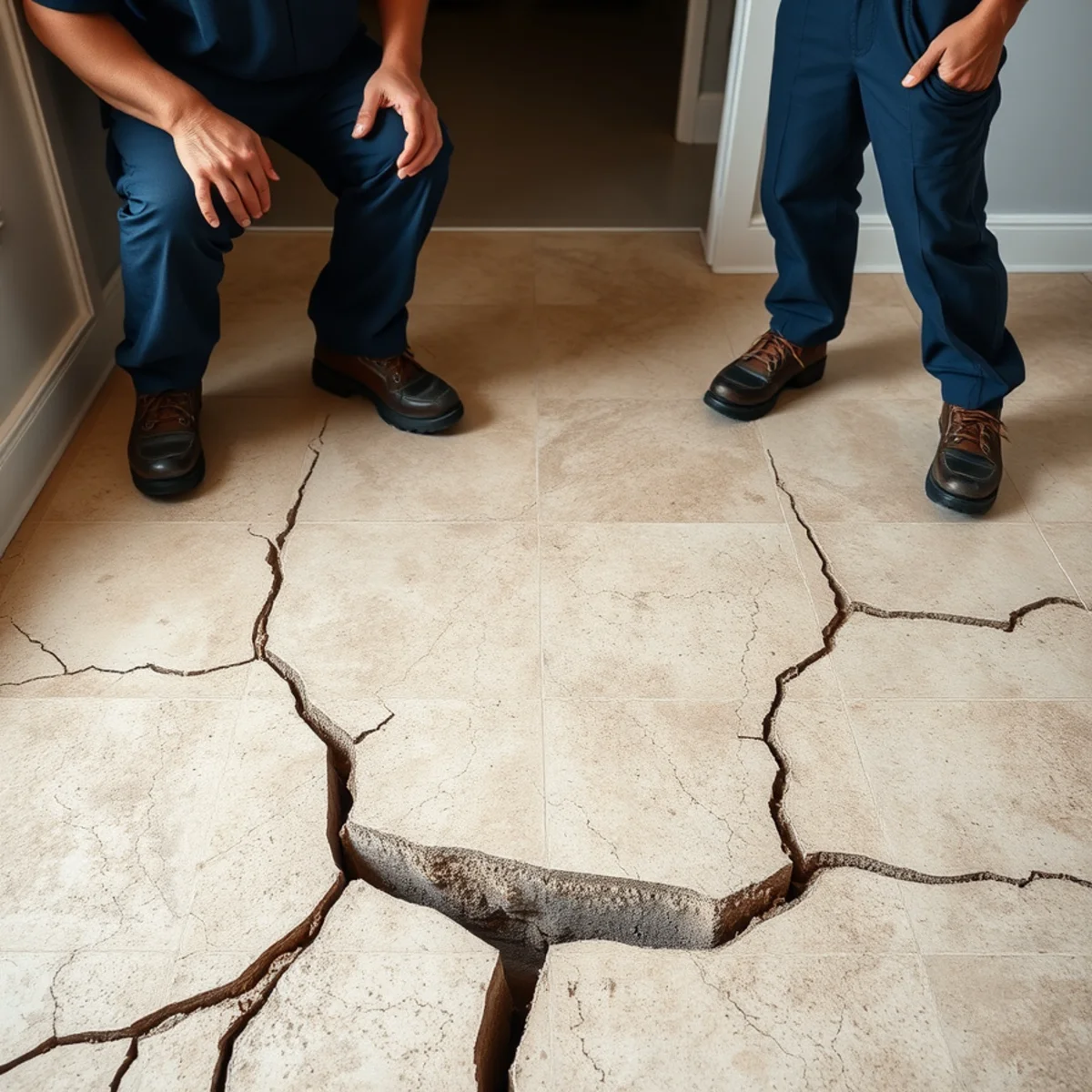 Cracked slab and tile caused by expansive clay soil movement in a Downey, CA home
