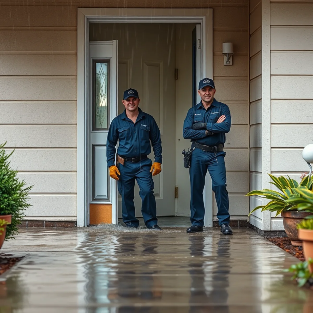 Storm water entering a Downey, CA home at a doorway threshold during heavy rain