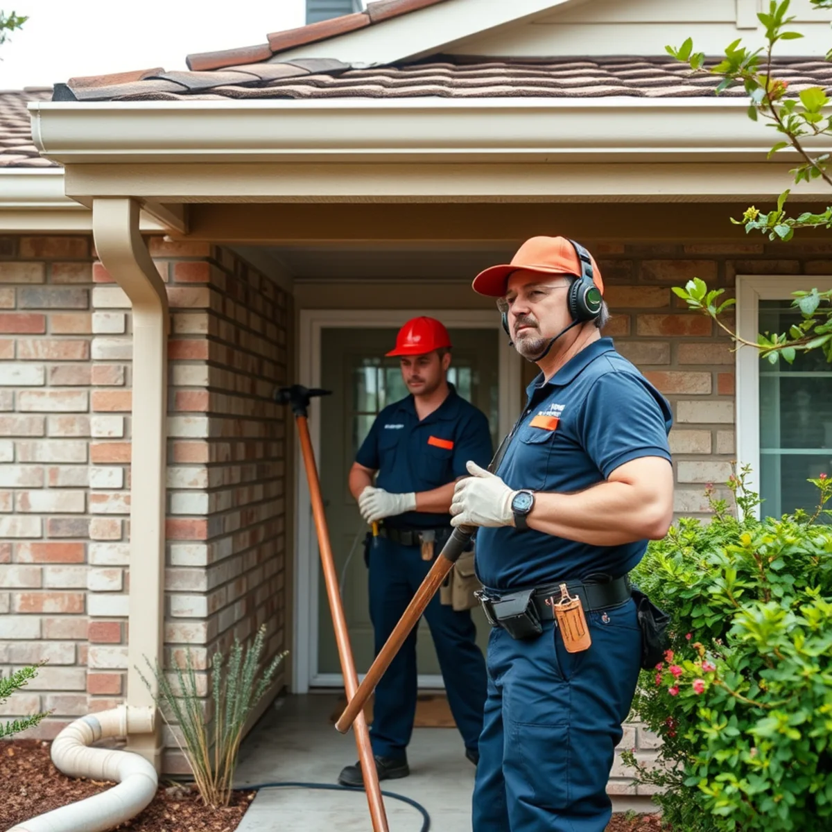 Clearing gutters and checking downspout discharge at a Downey, CA home before the rainy season