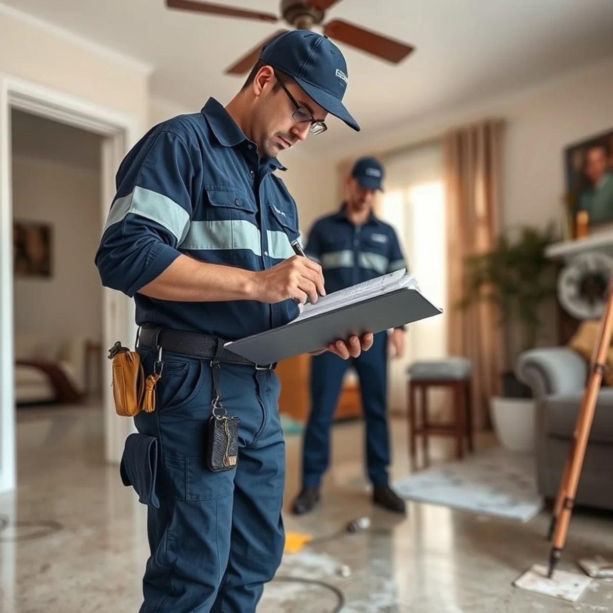Restoration technician documenting water damage for an estimate in a Downey, CA home