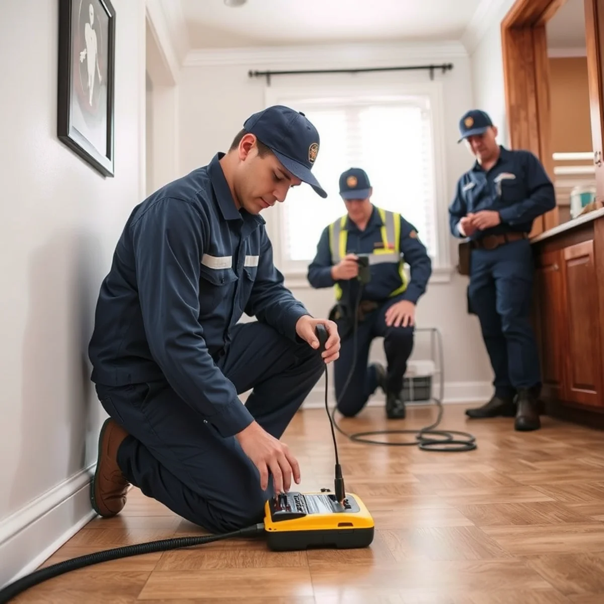 Technician using acoustic listening equipment to locate a slab leak in a Downey, CA home