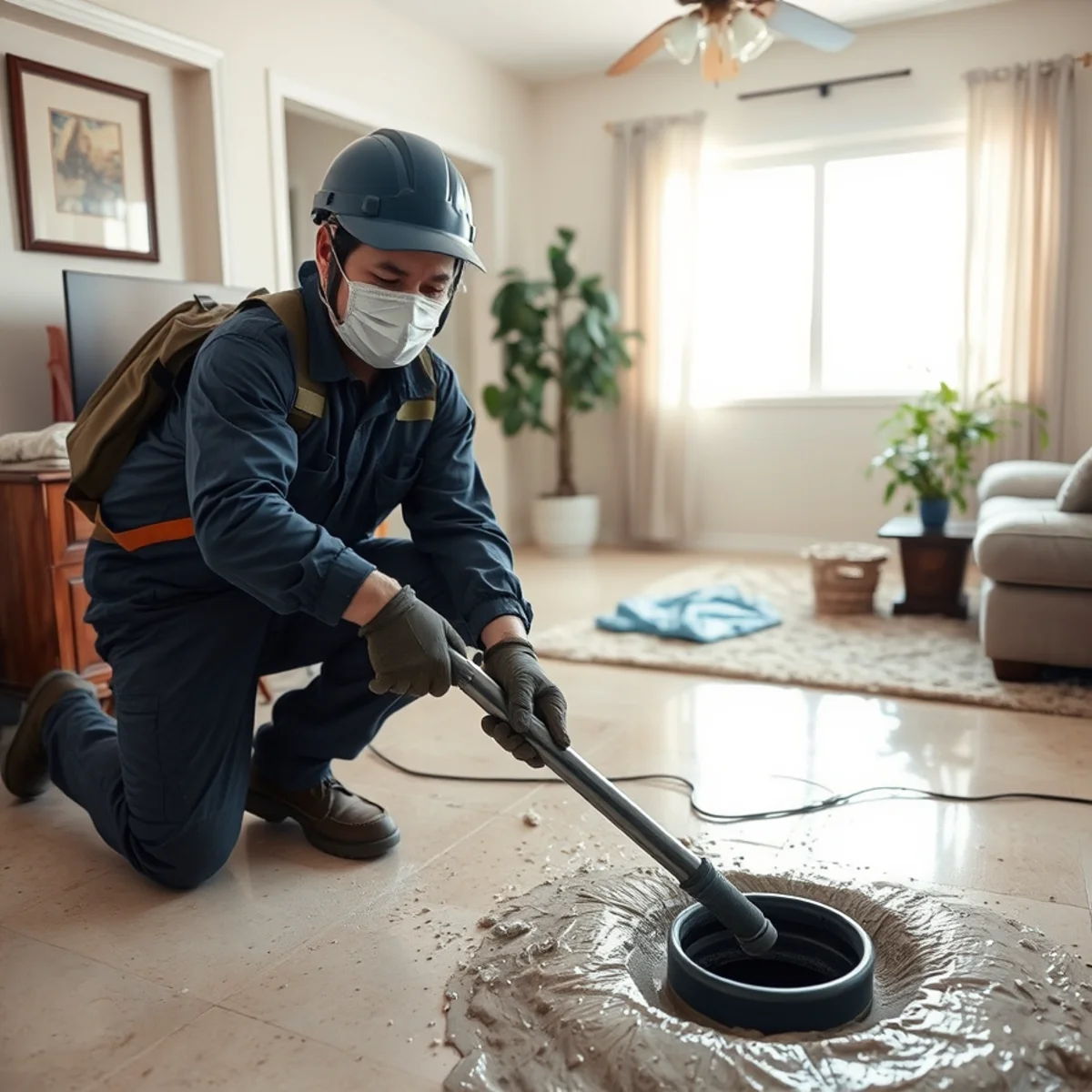 Technician in protective equipment performing sewage backup cleanup in a Downey, CA home