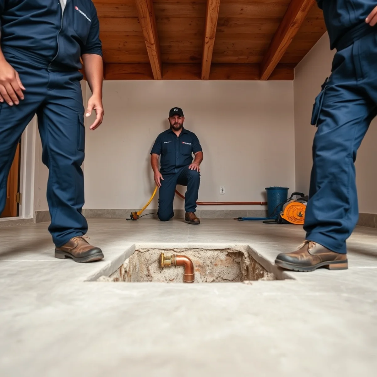 Opened concrete slab exposing a leaking copper supply line in a Downey, CA home