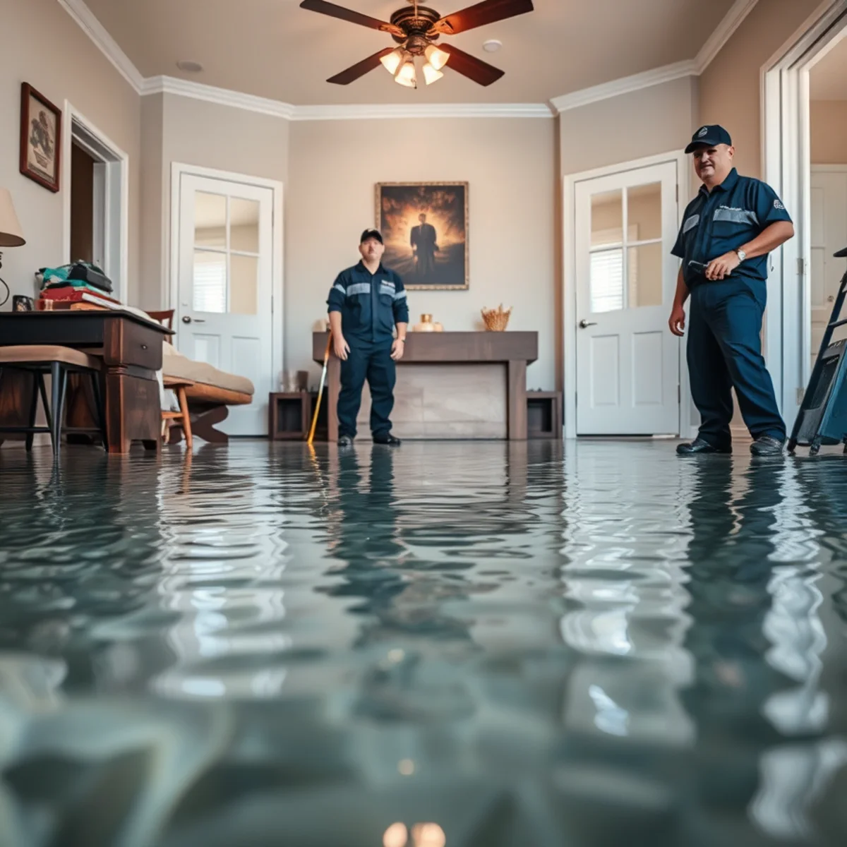 Standing water across the floor of a flooded Downey, CA home