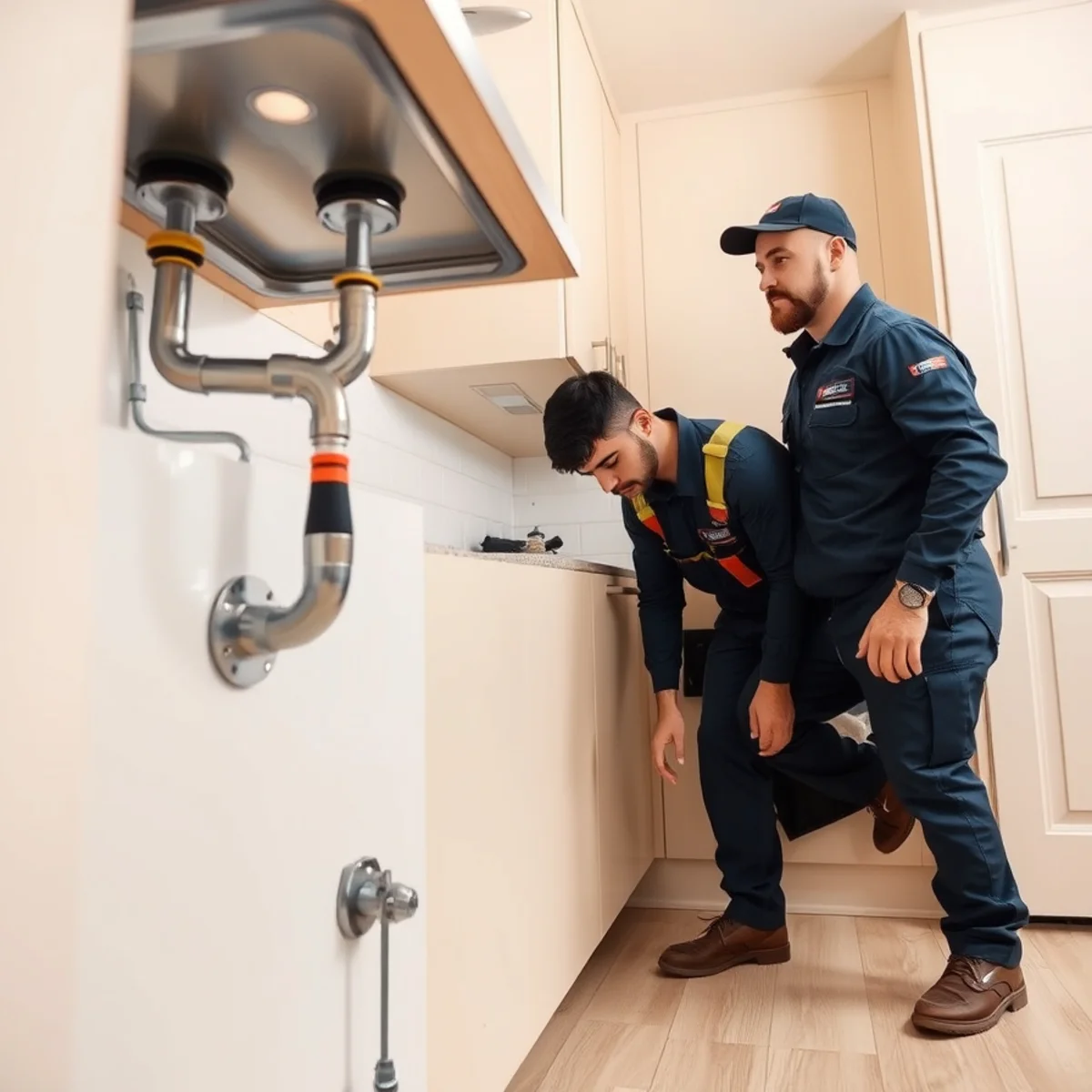 Homeowner checking under a kitchen sink for leaks during a monthly inspection in Downey, CA