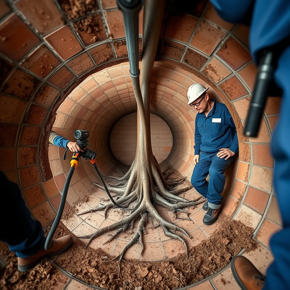 Camera inspection showing tree root intrusion in a clay-tile sewer lateral in Downey, CA