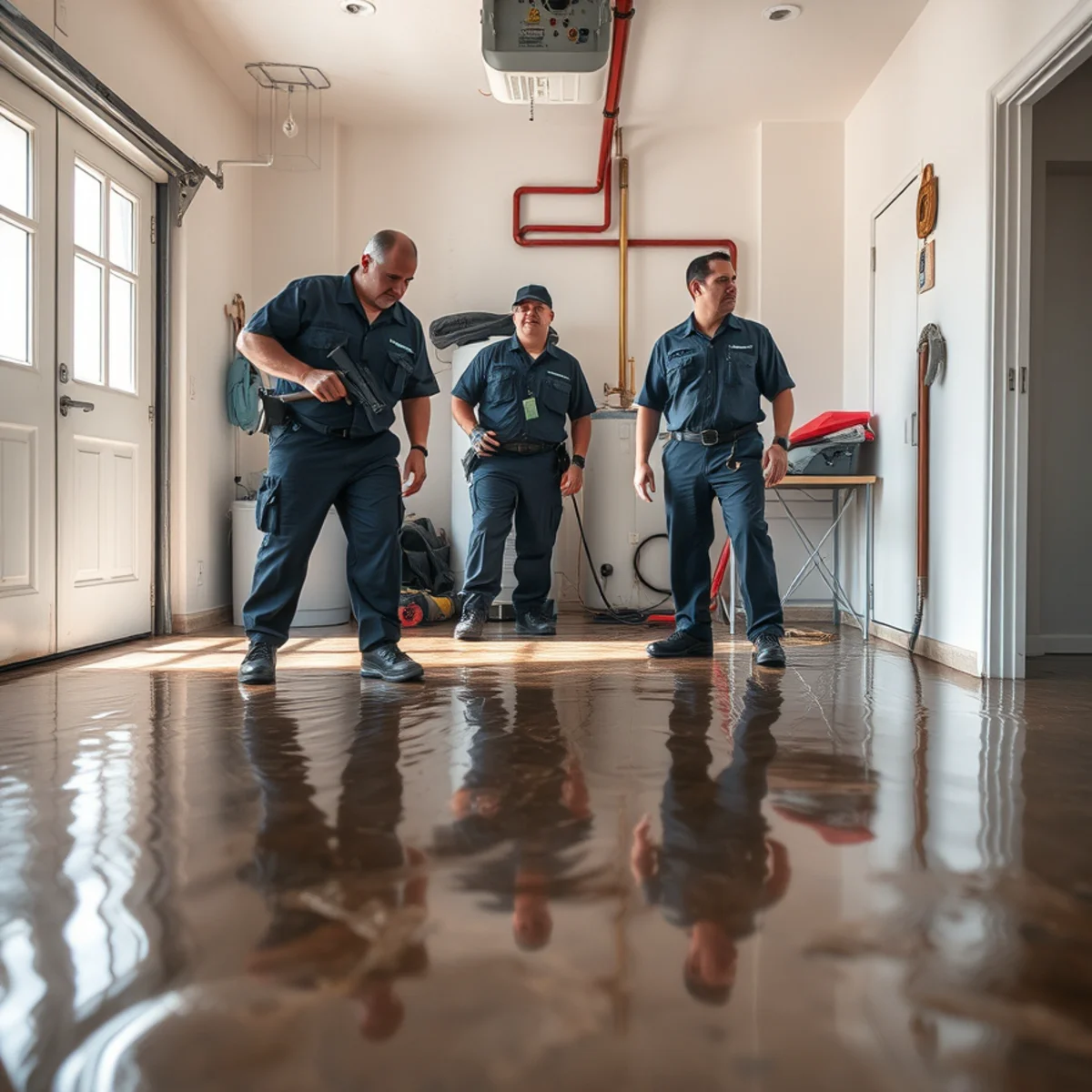 Failed water heater flooding the garage floor of a Downey, CA home