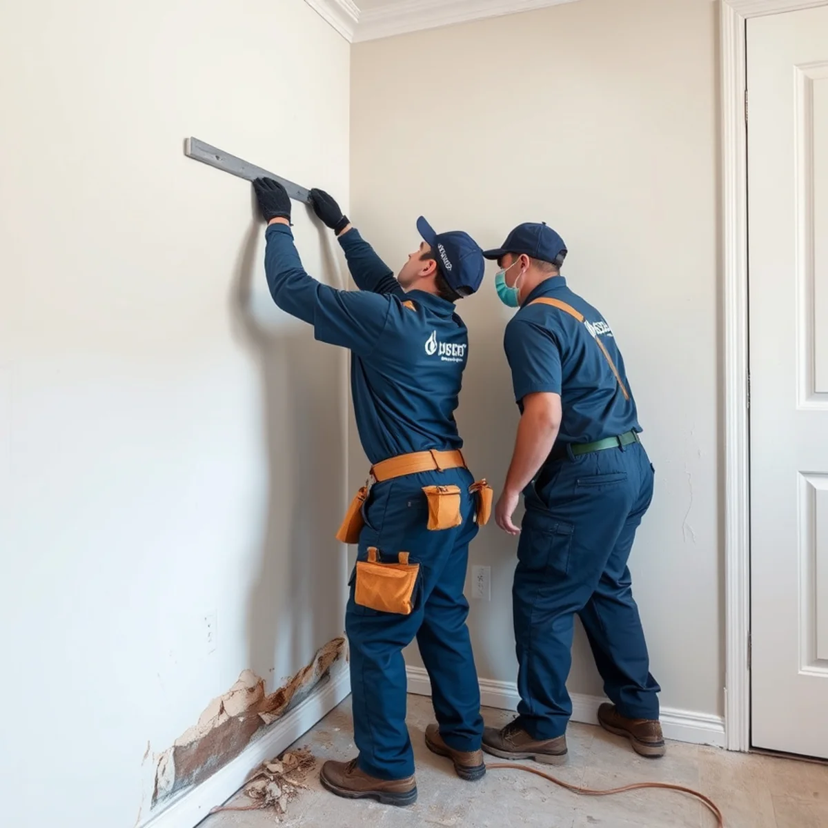 Flood cut removing water-damaged drywall at the base of a wall in a Downey, CA home