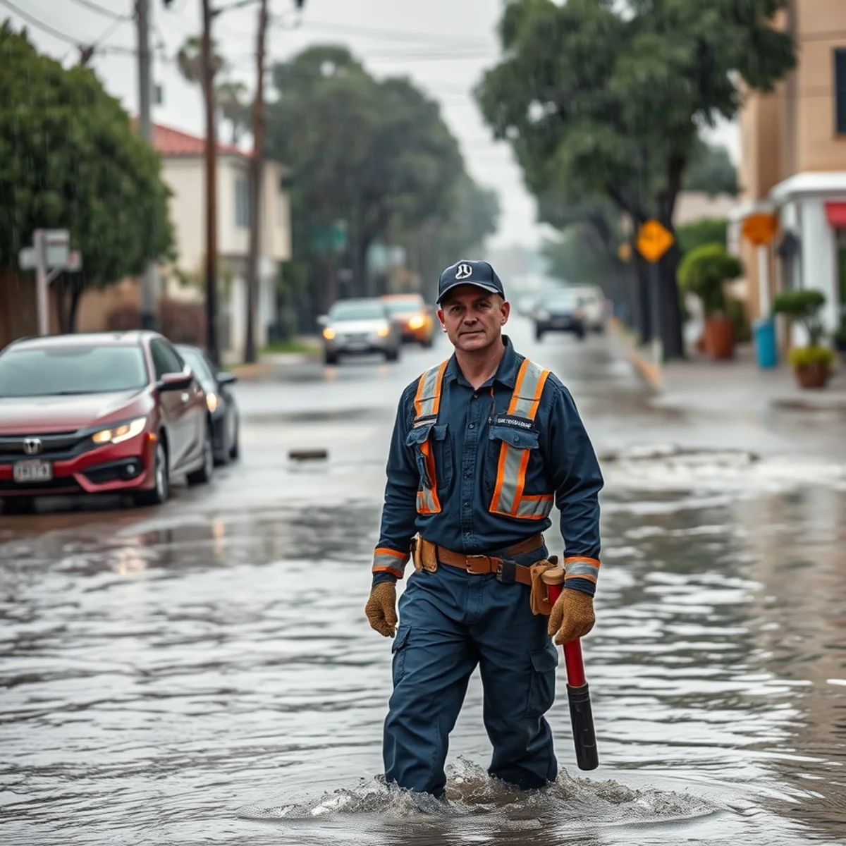 Heavy atmospheric river rainfall flooding a street in the San Gabriel Valley, CA