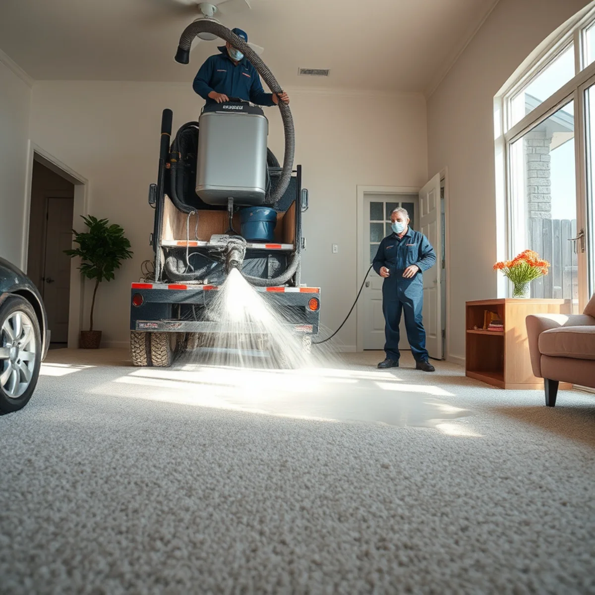 Truck-mounted water extraction removing water from carpet in a Downey, CA home