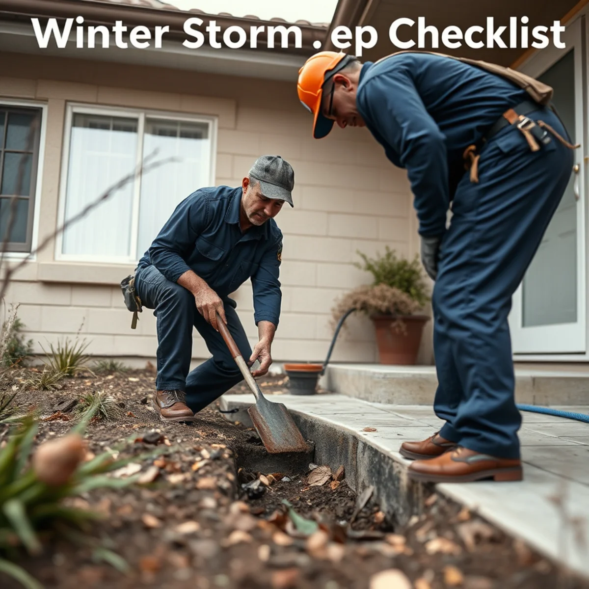 Homeowner clearing a yard drain before the rainy season at a Downey, CA home