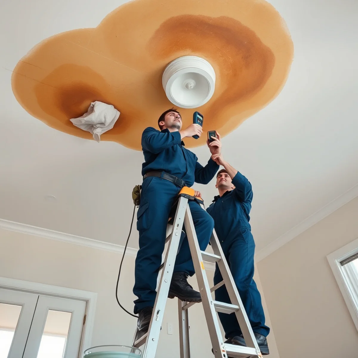 Water-stained and sagging ceiling being repaired in a Downey, CA home after a leak