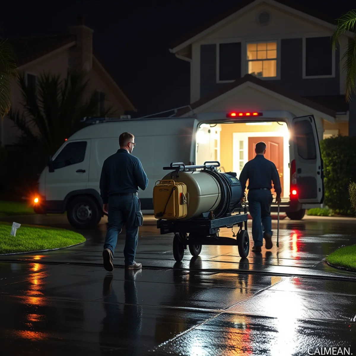 Emergency water removal crew arriving at a Downey, CA home at night with extraction equipment