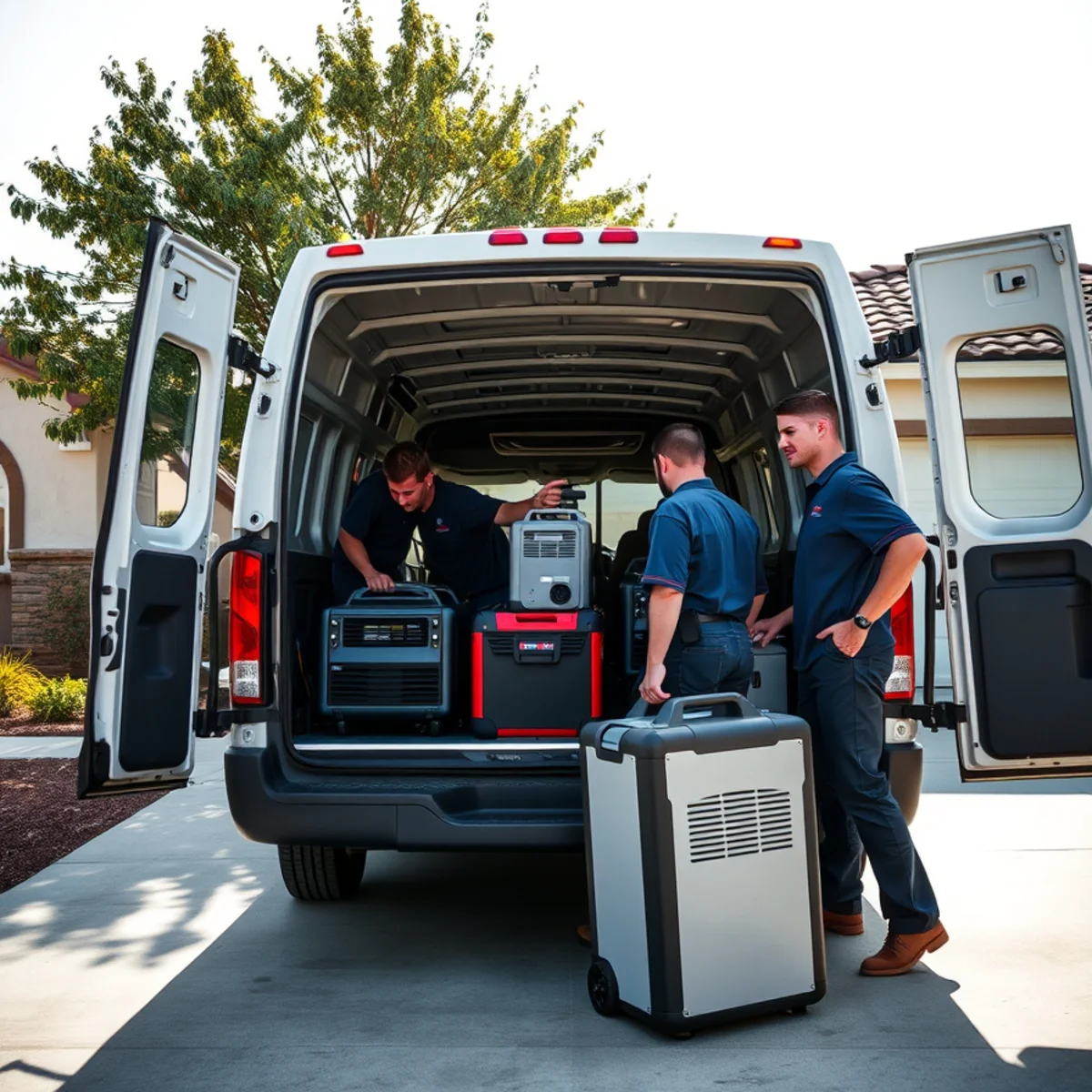 Water damage restoration team unloading equipment outside a Downey, CA home