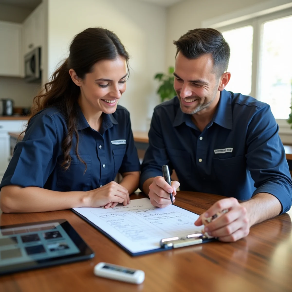 Two restoration technicians reviewing a daily moisture log, a tablet of damage photographs and a moisture meter at a kitchen table in a Downey, CA home