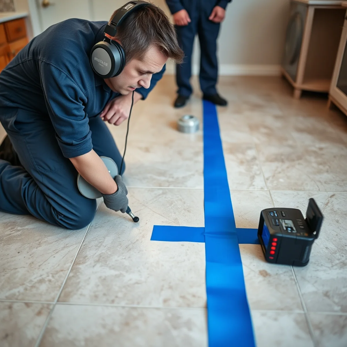 Leak detection technician using acoustic equipment to locate a slab leak in a Downey, CA home