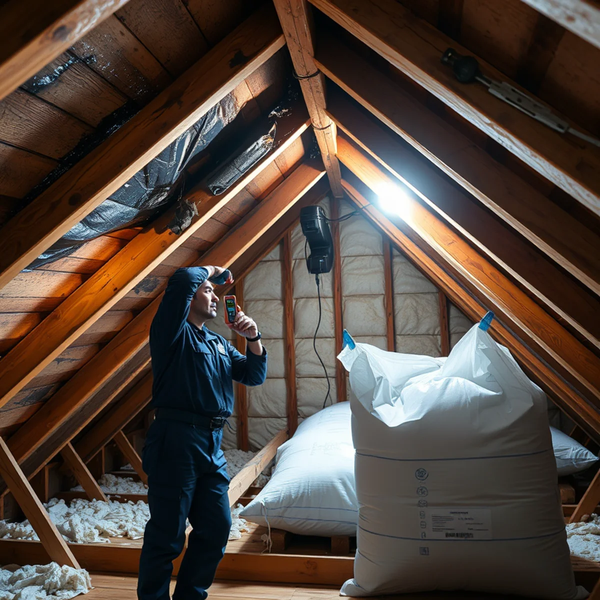 Roof leak water damage being dried in the attic and ceiling of a Downey, CA home