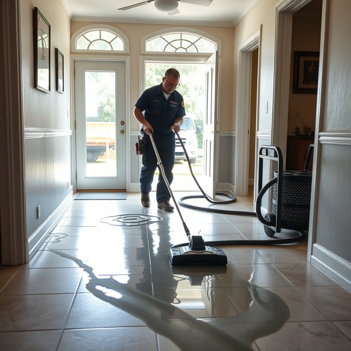 Water extraction crew removing standing water from a Downey, CA living room with a truck-mounted extractor